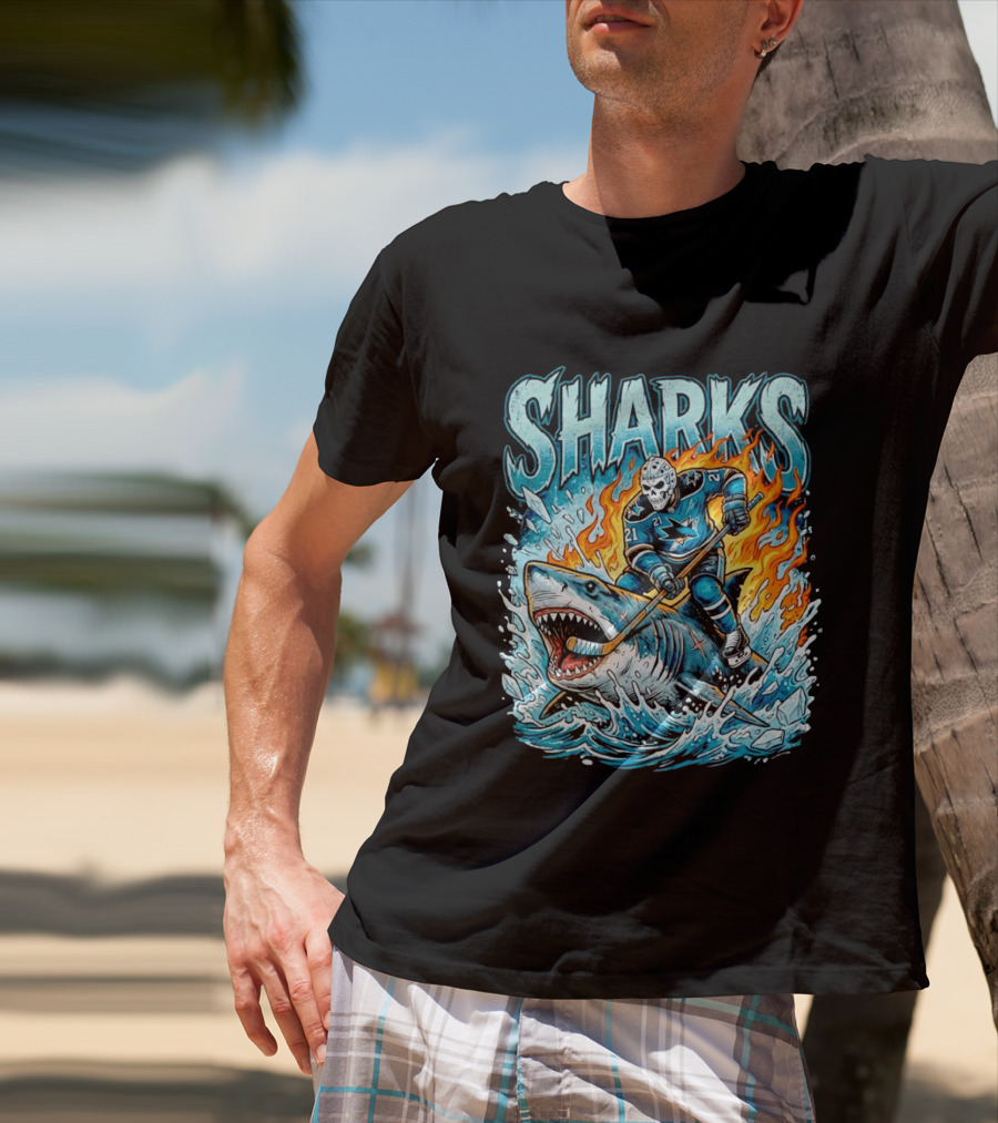 San Jose Sharks Hockey Player Riding Shark With Flames And Ice T-Shirt