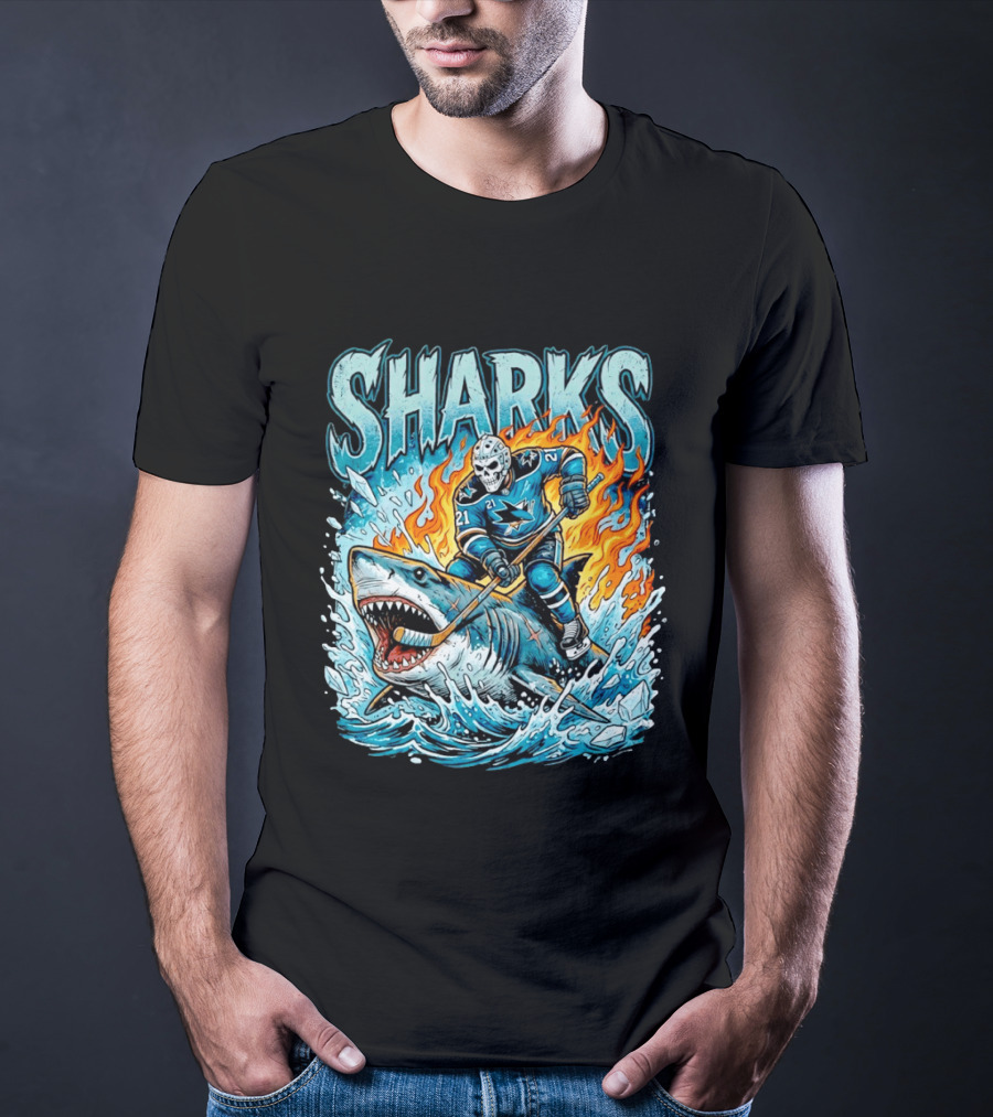 San Jose Sharks Hockey Player Riding Shark With Flames And Ice T-Shirt