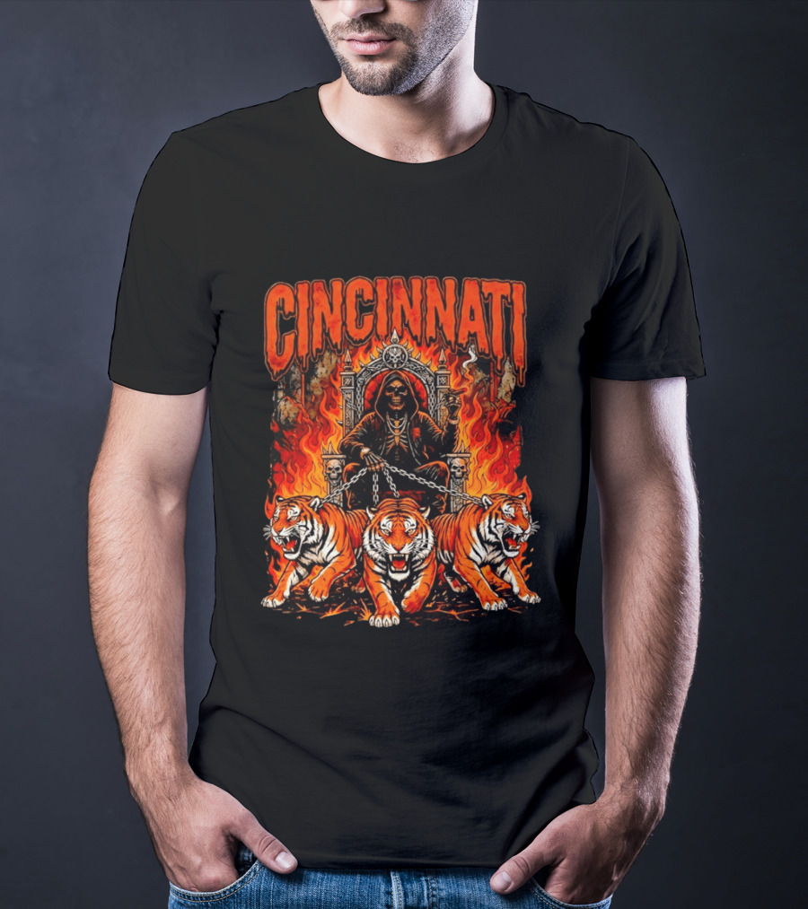 Cincinnati Skull Tiger Throne Fire Chains T-Shirt