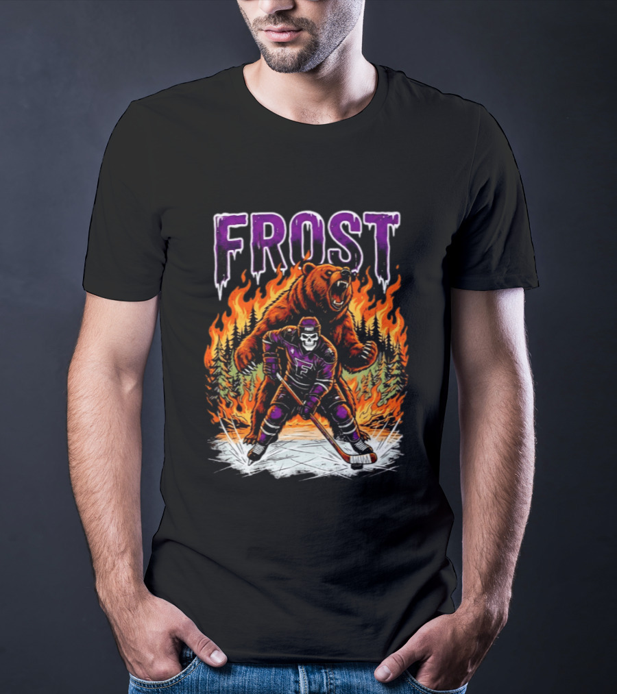 Frost Minnesota Hockey Skull Bear Flames Ice Rink T-Shirt