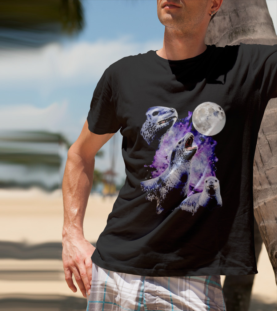 Three Leopard Seals Under Moonlight With Starry Purple Night Sky T-Shirt