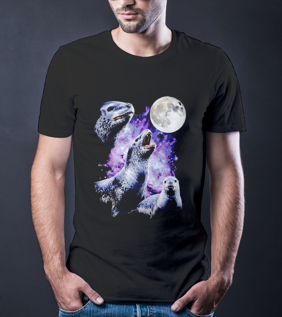 Three Leopard Seals Under Moonlight With Starry Purple Night Sky T-Shirt