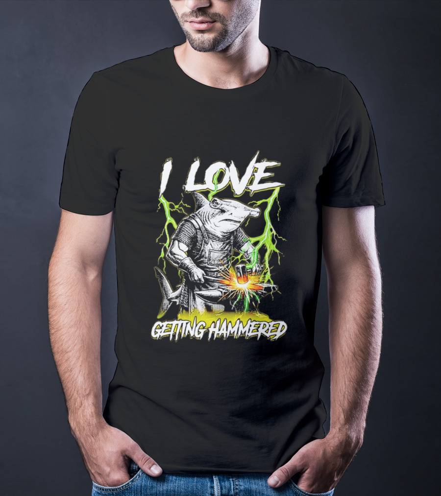 I Love Getting Hammered Hammerhead Shark Lightning Blacksmith Hammering T-Shirt