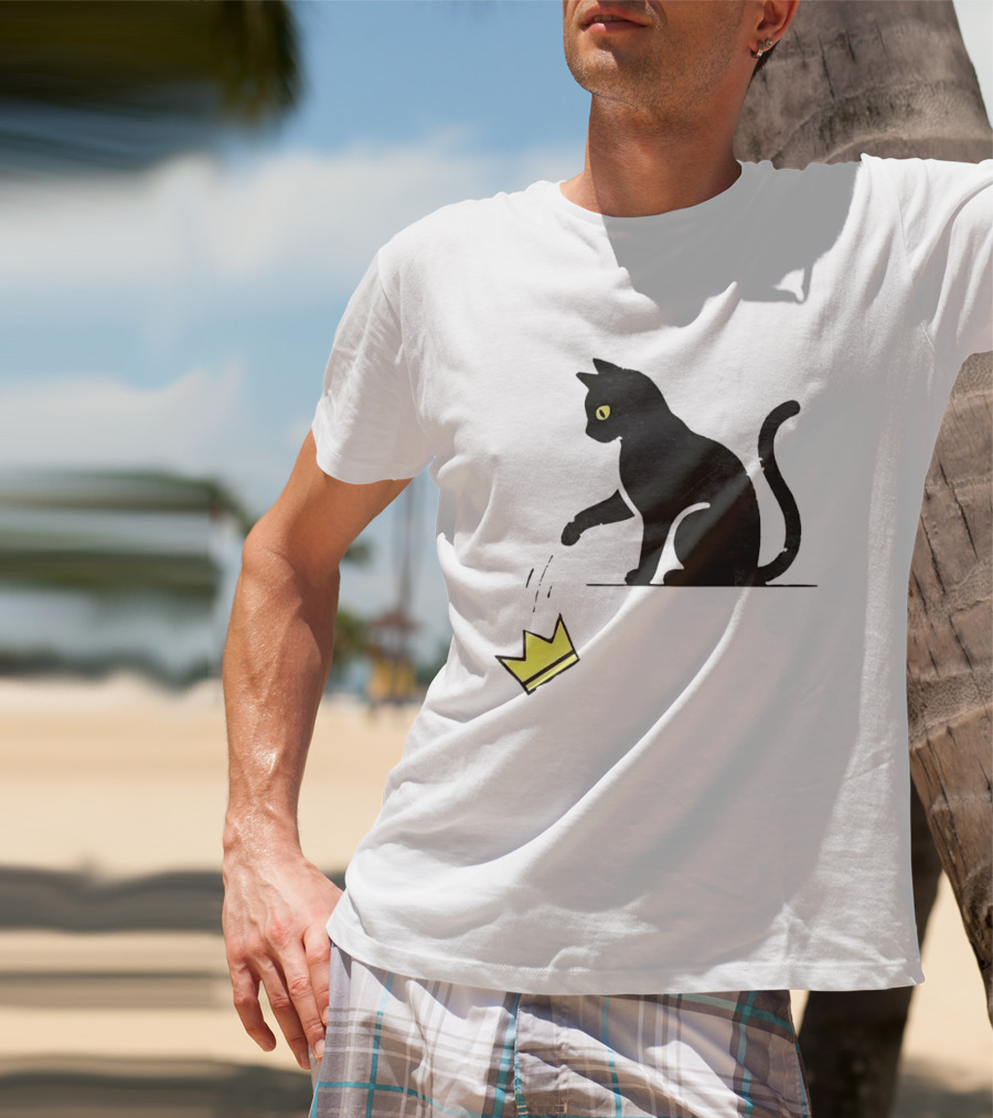 Cat Knocking Crown Anti King Humor Black Cat Yellow Eyes T-Shirt