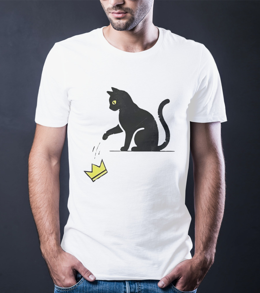 Cat Knocking Crown Anti King Humor Black Cat Yellow Eyes T-Shirt