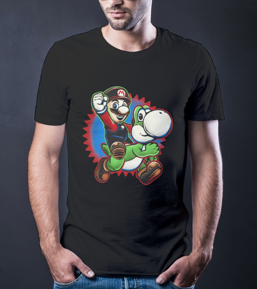 Mario And Yoshi Ride The Green Dino Classic Cartoon Adventure T-Shirt