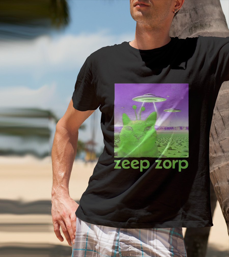 Zeep Zorp Green Cat Alien With UFOs In Space Desert Scenery T-Shirt