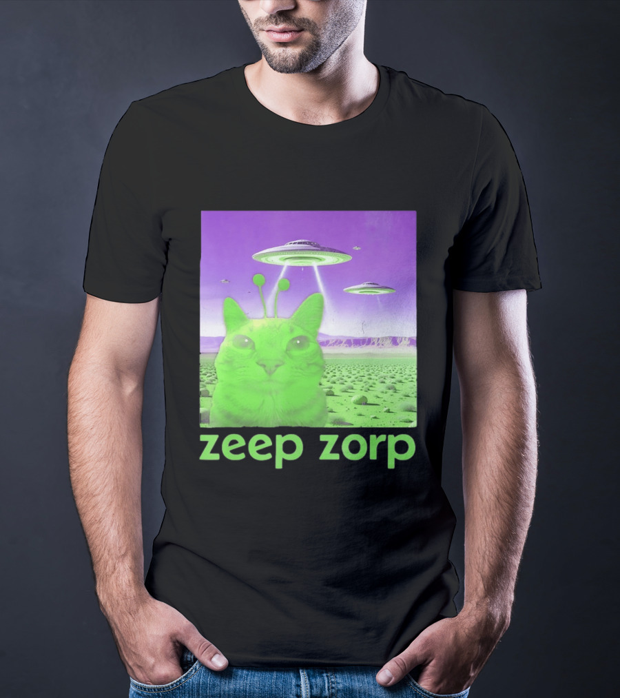 Zeep Zorp Green Cat Alien With UFOs In Space Desert Scenery T-Shirt