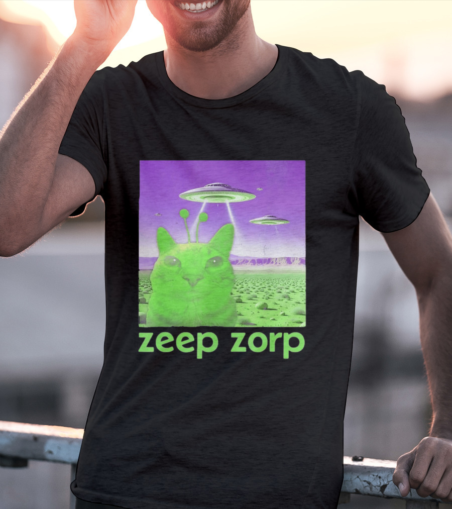 Zeep Zorp Green Cat Alien With UFOs In Space Desert Scenery T-Shirt