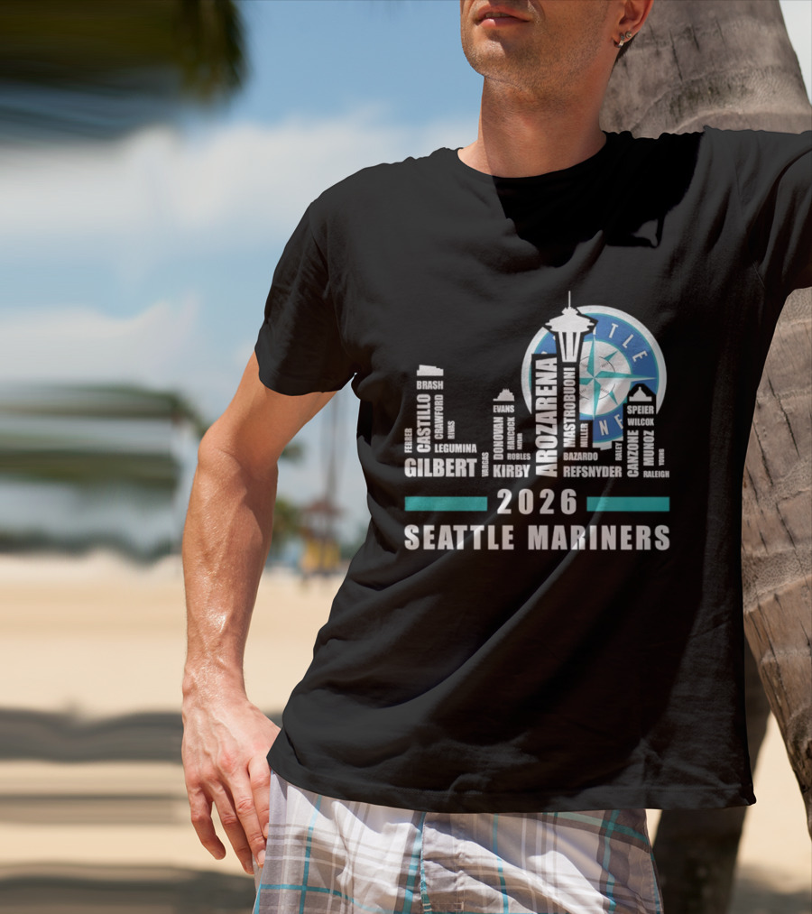 2026 Seattle Mariners City Connect Skyline With Player Names And Space Needle T-Shirt