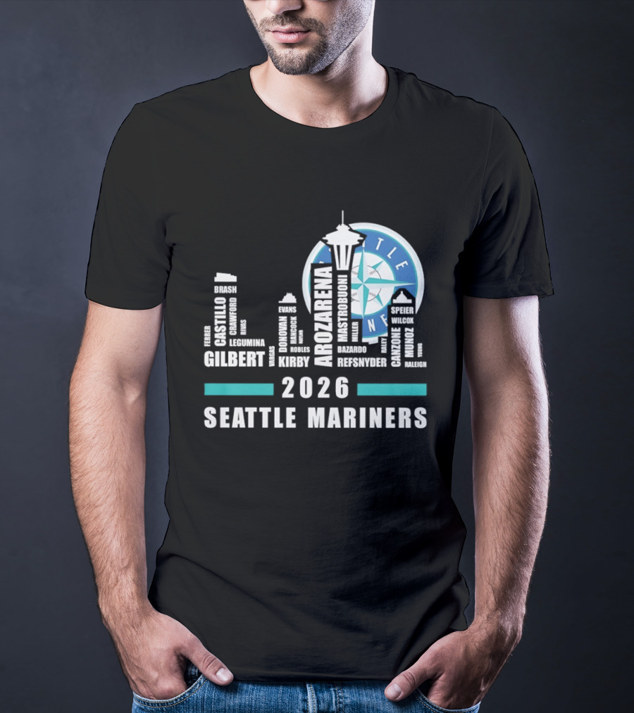 2026 Seattle Mariners City Connect Skyline With Player Names And Space Needle T-Shirt