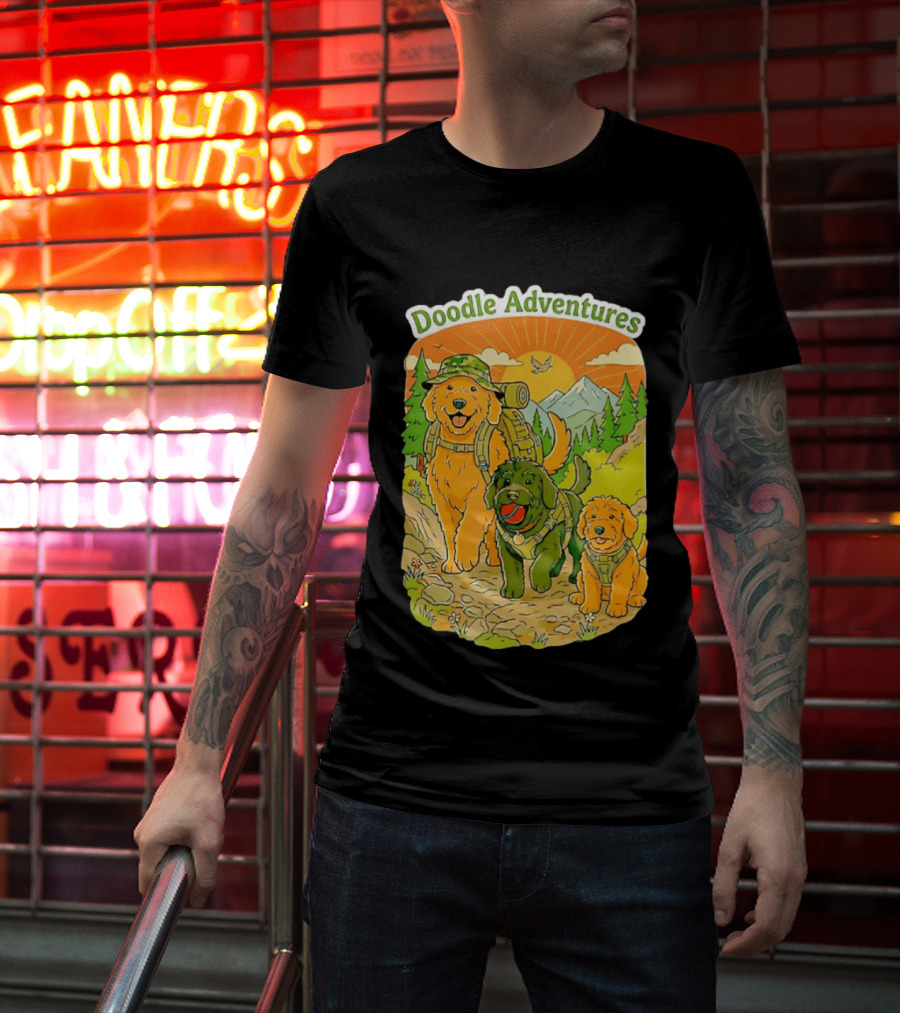Doodle Adventures Three Dogs Picnic Adventure Sunset T-Shirt