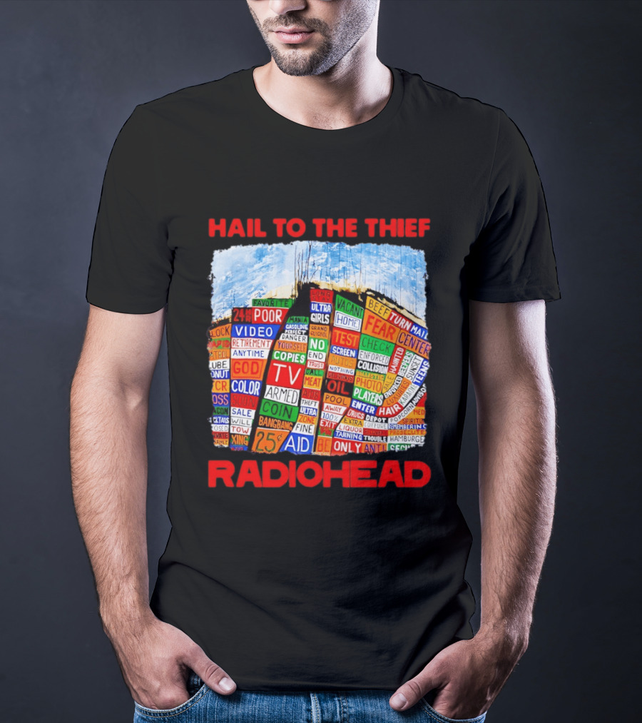 Radiohead Hail To The Thief Album Cover Colorful Text Collage 24HR TV 25 Aid T-Shirt