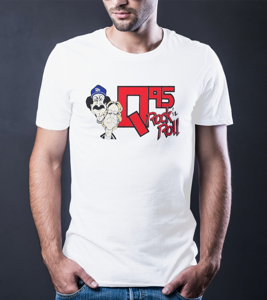 Q95 Rock 'n Roll Characters Wearing LA Dodgers Hat T-Shirt