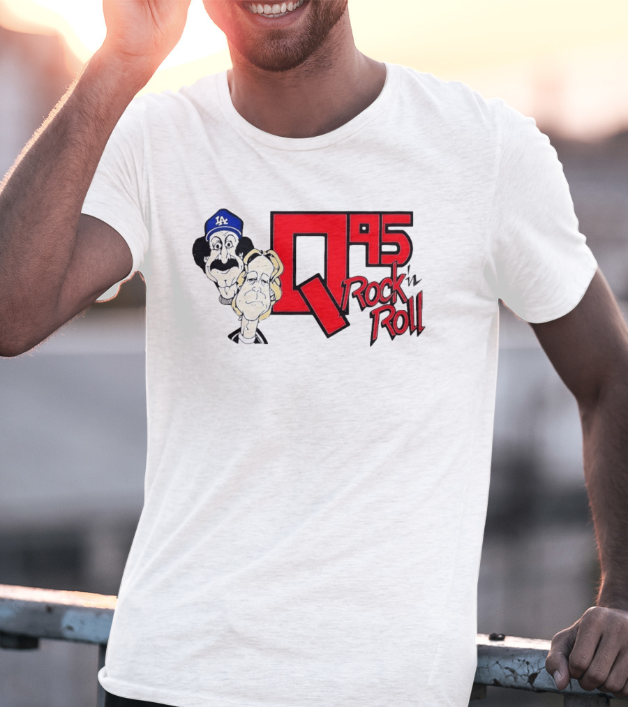 Q95 Rock 'n Roll Characters Wearing LA Dodgers Hat T-Shirt