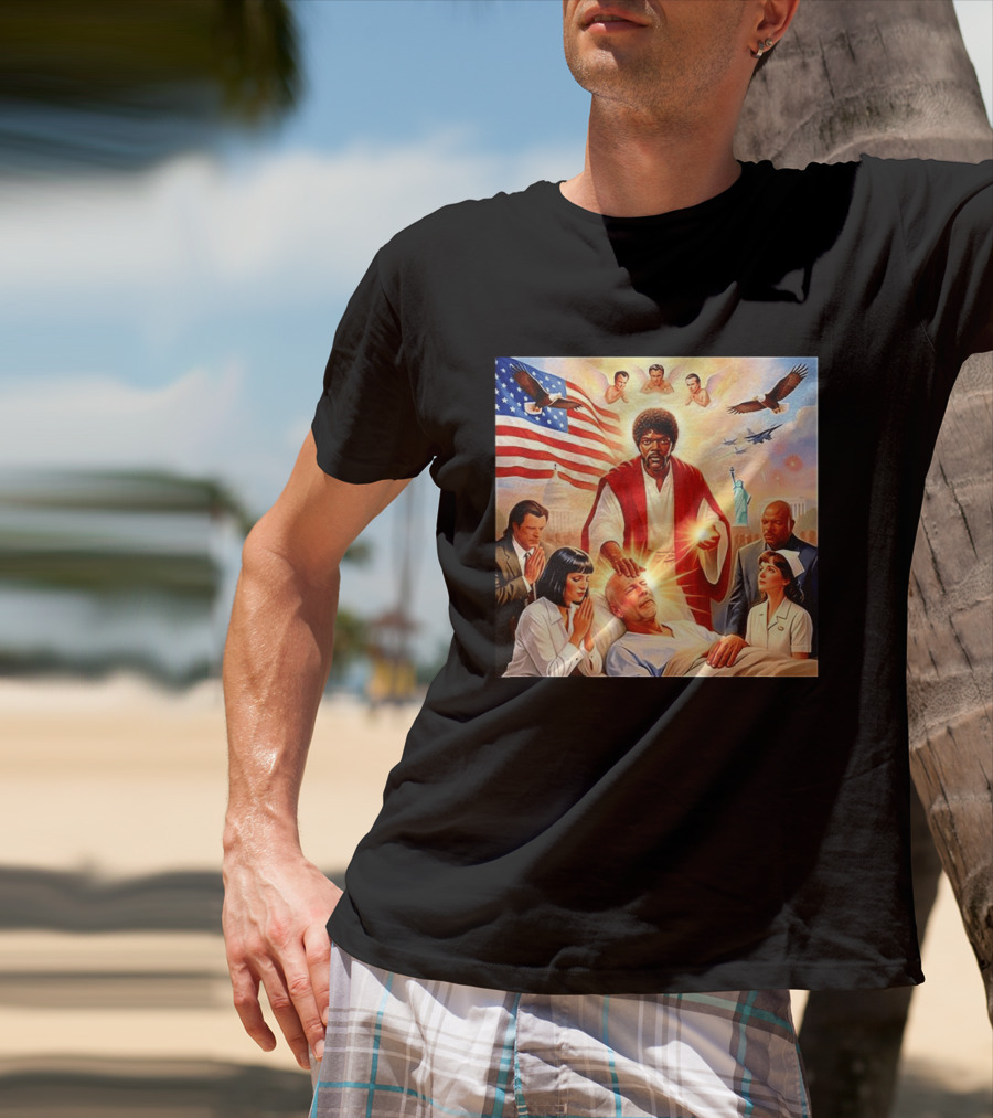 Samuel L. Jackson Exorcism Scene With Bruce Willis And US Patriotic Elements Meme T-Shirt