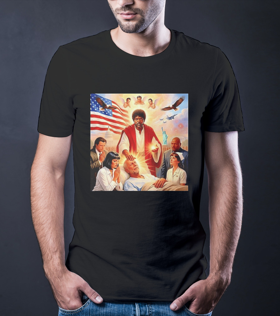 Samuel L. Jackson Exorcism Scene With Bruce Willis And US Patriotic Elements Meme T-Shirt