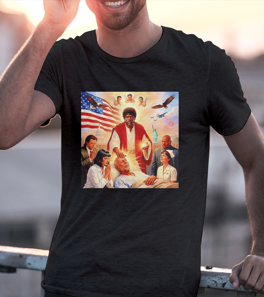 Samuel L. Jackson Exorcism Scene With Bruce Willis And US Patriotic Elements Meme T-Shirt