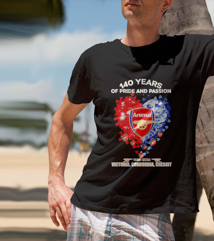 Arsenal 140 Years Of Pride And Passion Victoria Concordia Crescit 1886 2026 Heart Badge Crest T-Shirt