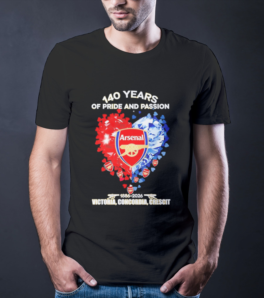 Arsenal 140 Years Of Pride And Passion Victoria Concordia Crescit 1886 2026 Heart Badge Crest T-Shirt