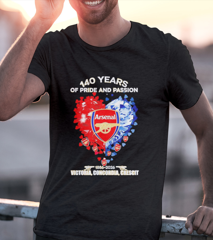 Arsenal 140 Years Of Pride And Passion Victoria Concordia Crescit 1886 2026 Heart Badge Crest T-Shirt