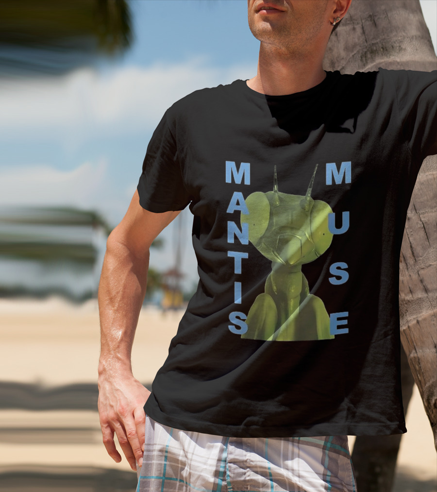 David Shrigley Mantis Muse Green Illustration With Blue T-Shirt