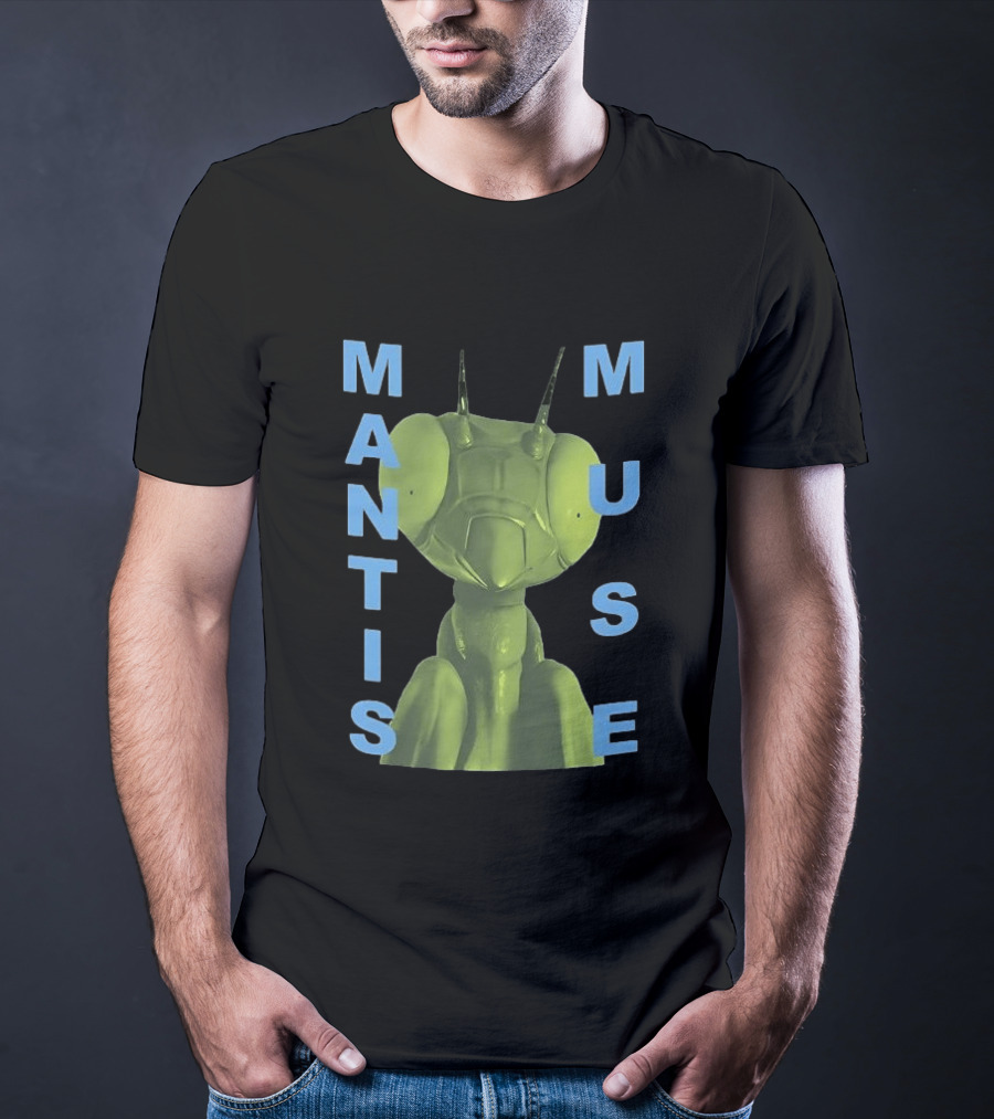 David Shrigley Mantis Muse Green Illustration With Blue T-Shirt