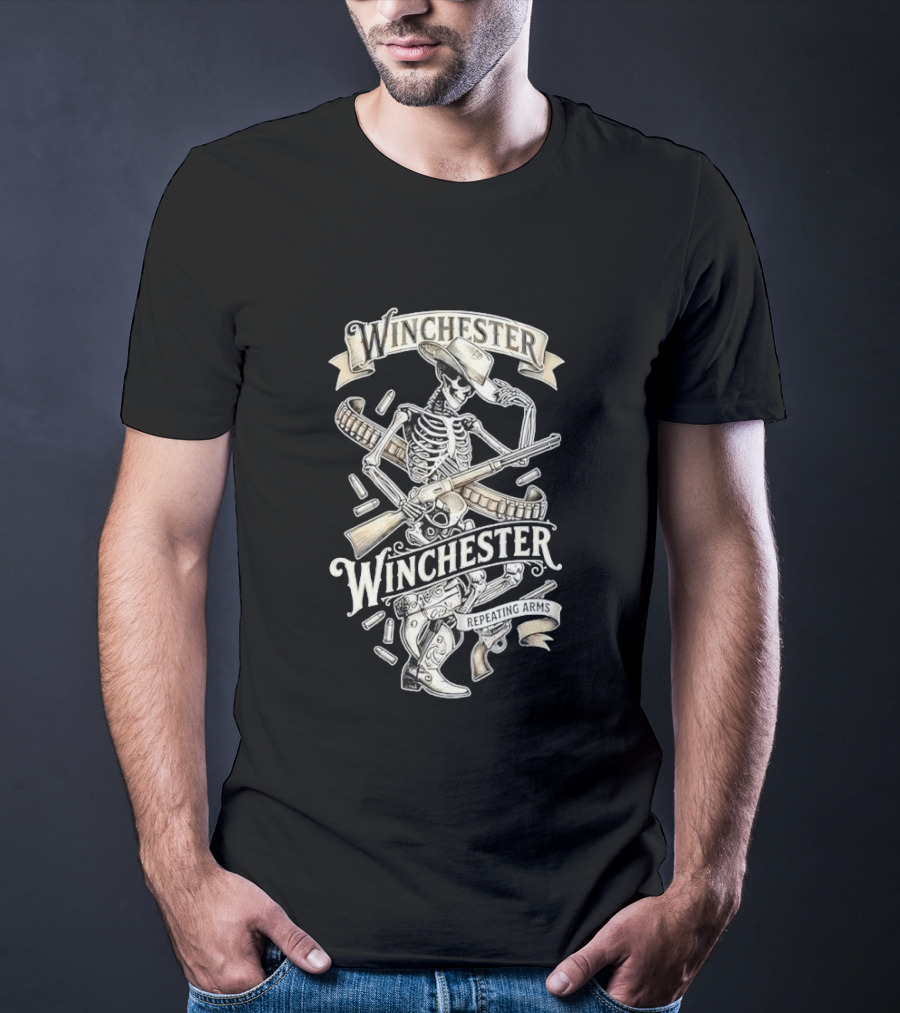 Winchester Repeating Arms Cowboy Skeleton With Rifle And Bullets T-Shirt