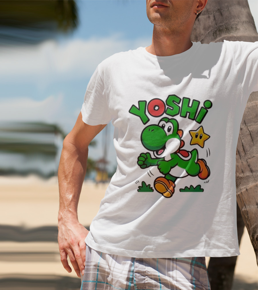 Yoshi Super Mario Green Dinosaur Running With Star T-Shirt