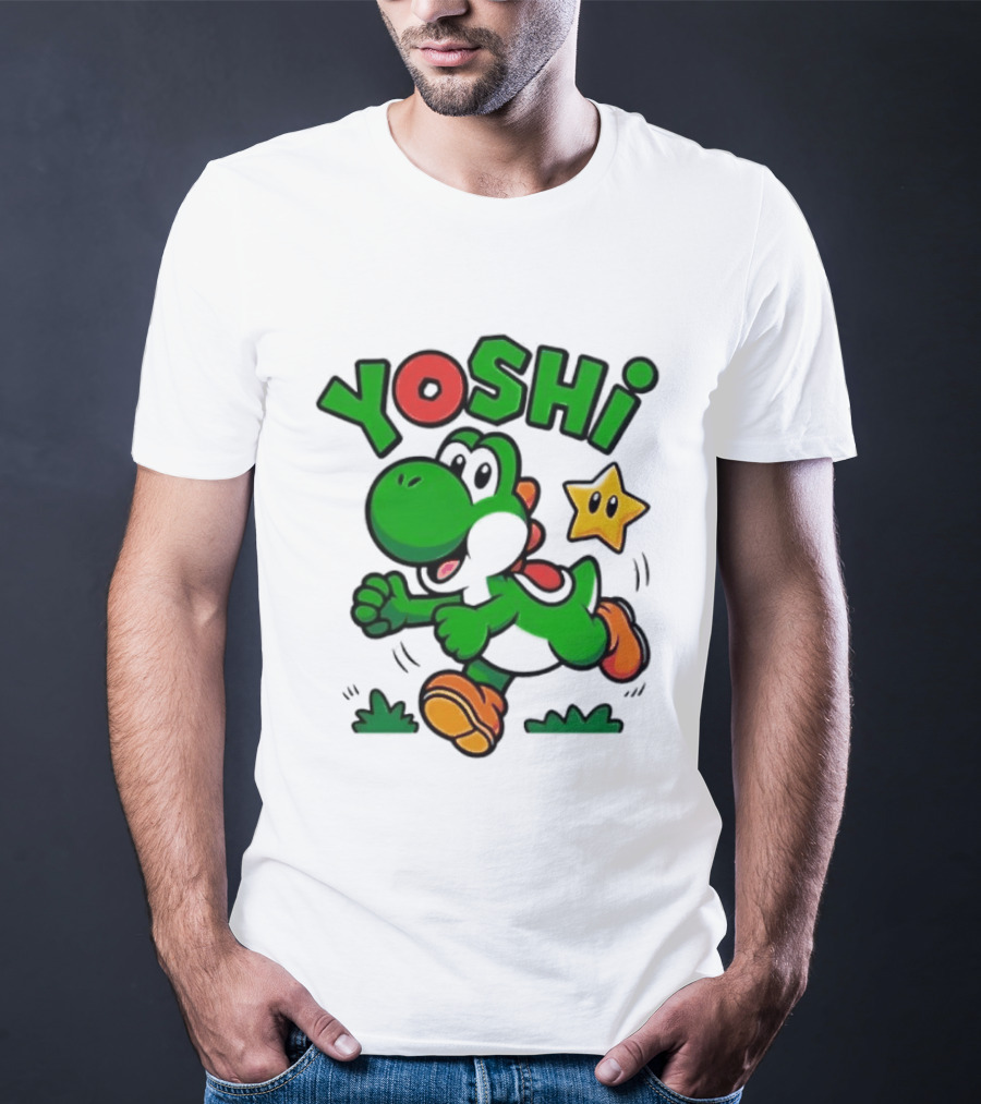 Yoshi Super Mario Green Dinosaur Running With Star T-Shirt