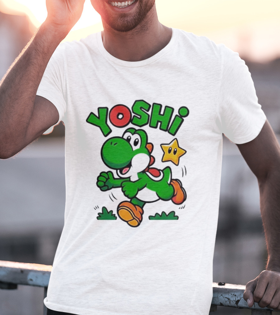 Yoshi Super Mario Green Dinosaur Running With Star T-Shirt