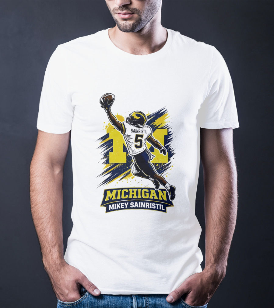 Michigan Mikey Sainristil Catching Football Wolverines Player T-Shirt