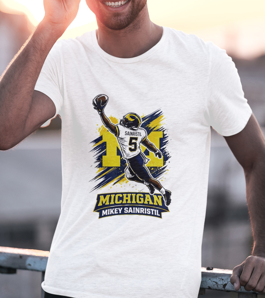 Michigan Mikey Sainristil Catching Football Wolverines Player T-Shirt
