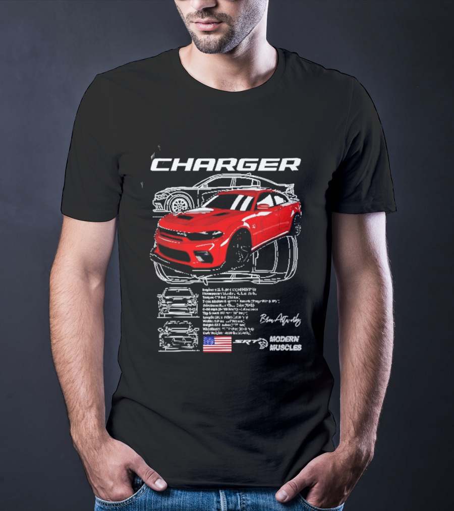 Dodge Charger Hellcat Red Modern Muscles Blueprint USA Flag T-Shirt