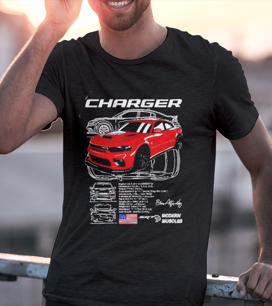 Dodge Charger Hellcat Red Modern Muscles Blueprint USA Flag T-Shirt