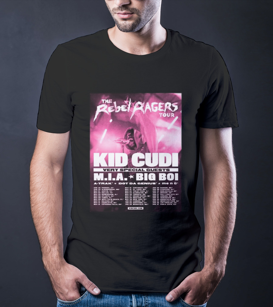The Rebel Ragers Tour Kid Cudi 2026 Featuring M.I.A. Big Boi A Trak Dot Da Genius Tour Dates T-Shirt