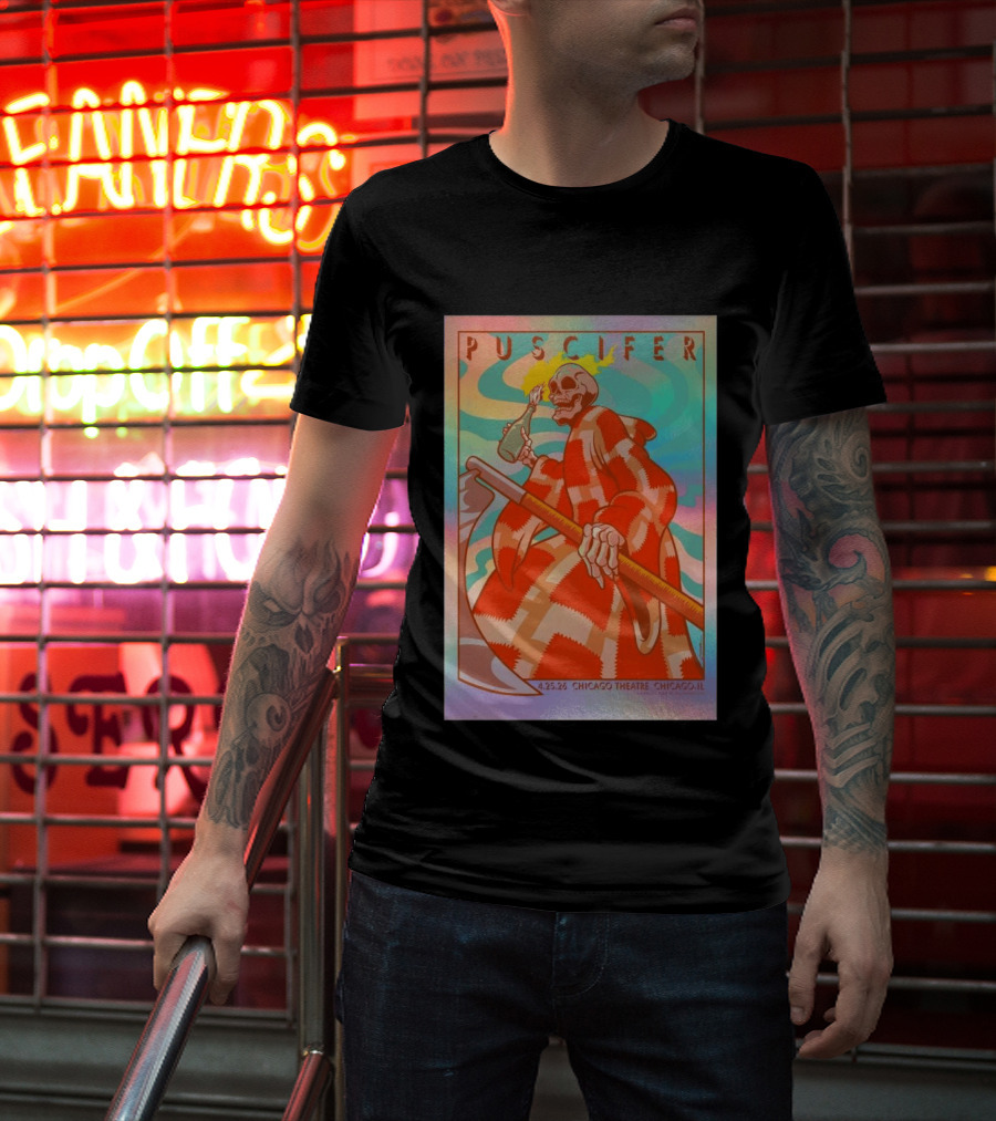 Puscifer 4.25.26 Chicago Theatre IL Skeleton Robe Checkerboard Psychedelic T-Shirt