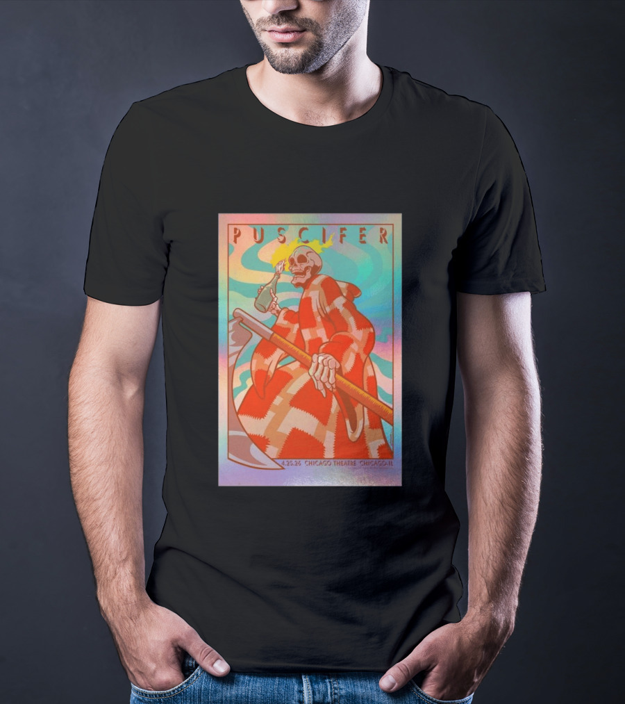 Puscifer 4.25.26 Chicago Theatre IL Skeleton Robe Checkerboard Psychedelic T-Shirt
