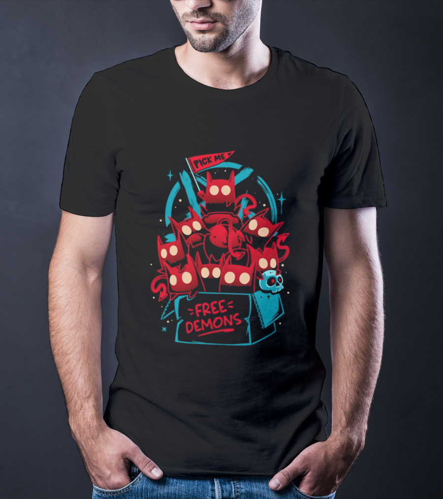 Free Demons Box Pick Me Red Monsters Cute Cartoon T-Shirt