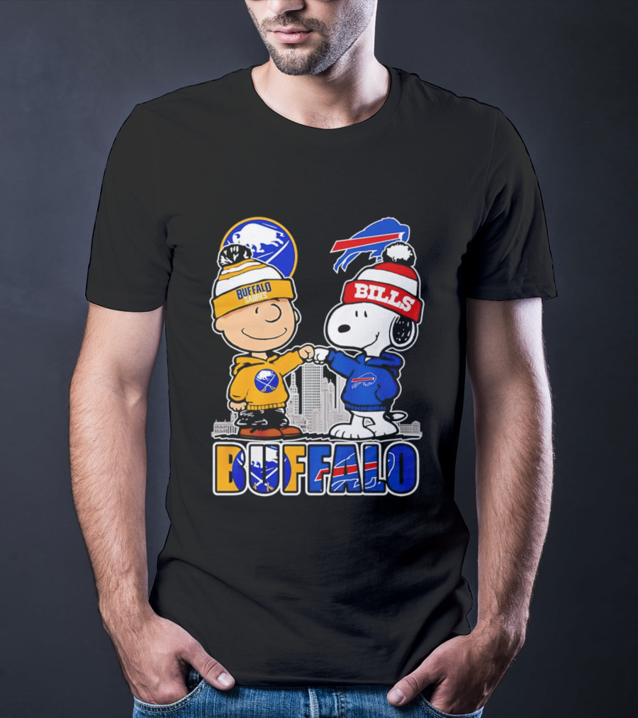 Buffalo Sabres Bills Snoopy City Skyline Collaboration With Charlie Brown T-Shirt