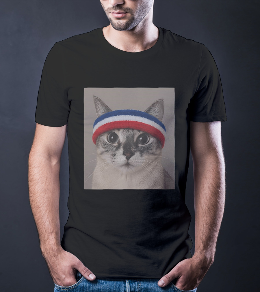 Cat Wearing Red White Blue Terry Headband T-Shirt