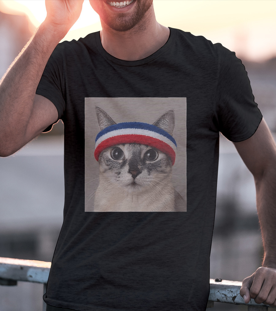 Cat Wearing Red White Blue Terry Headband T-Shirt