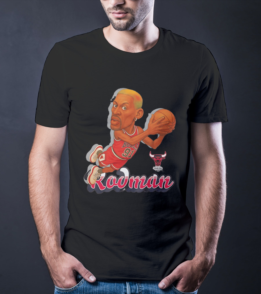 Dennis Rodman Chicago Bulls 91 Fickett Classics Windy City Cartoon T-Shirt