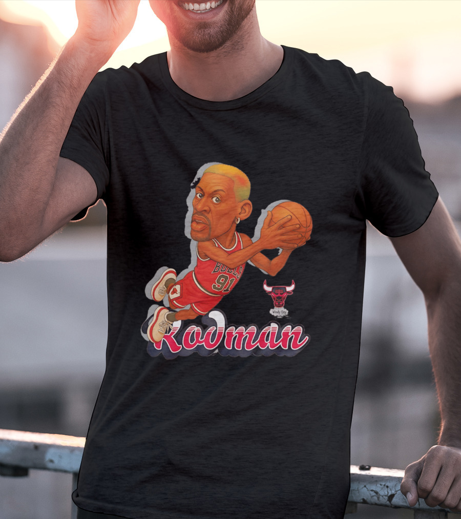 Dennis Rodman Chicago Bulls 91 Fickett Classics Windy City Cartoon T-Shirt