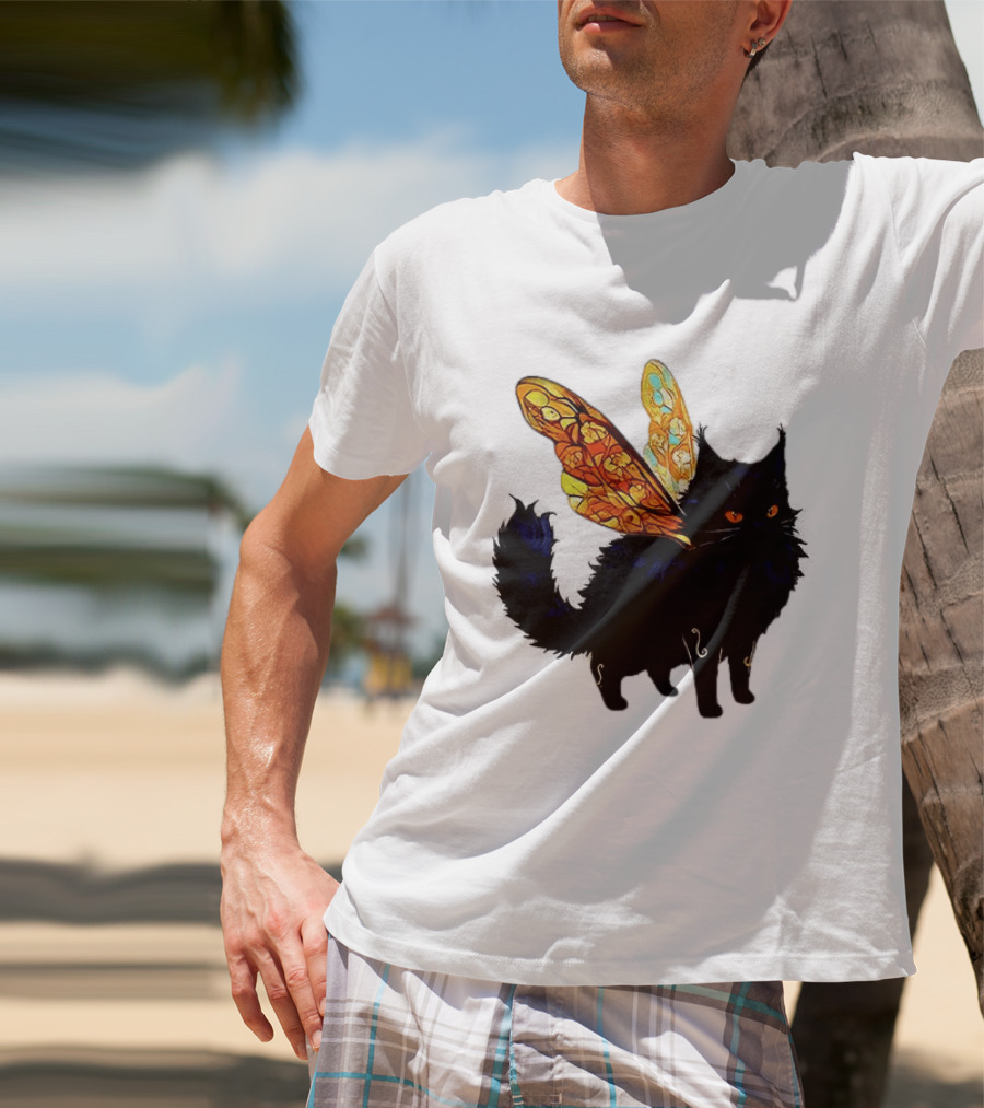 Black Cat With Colorful Fairy Wings Fantastical T-Shirt