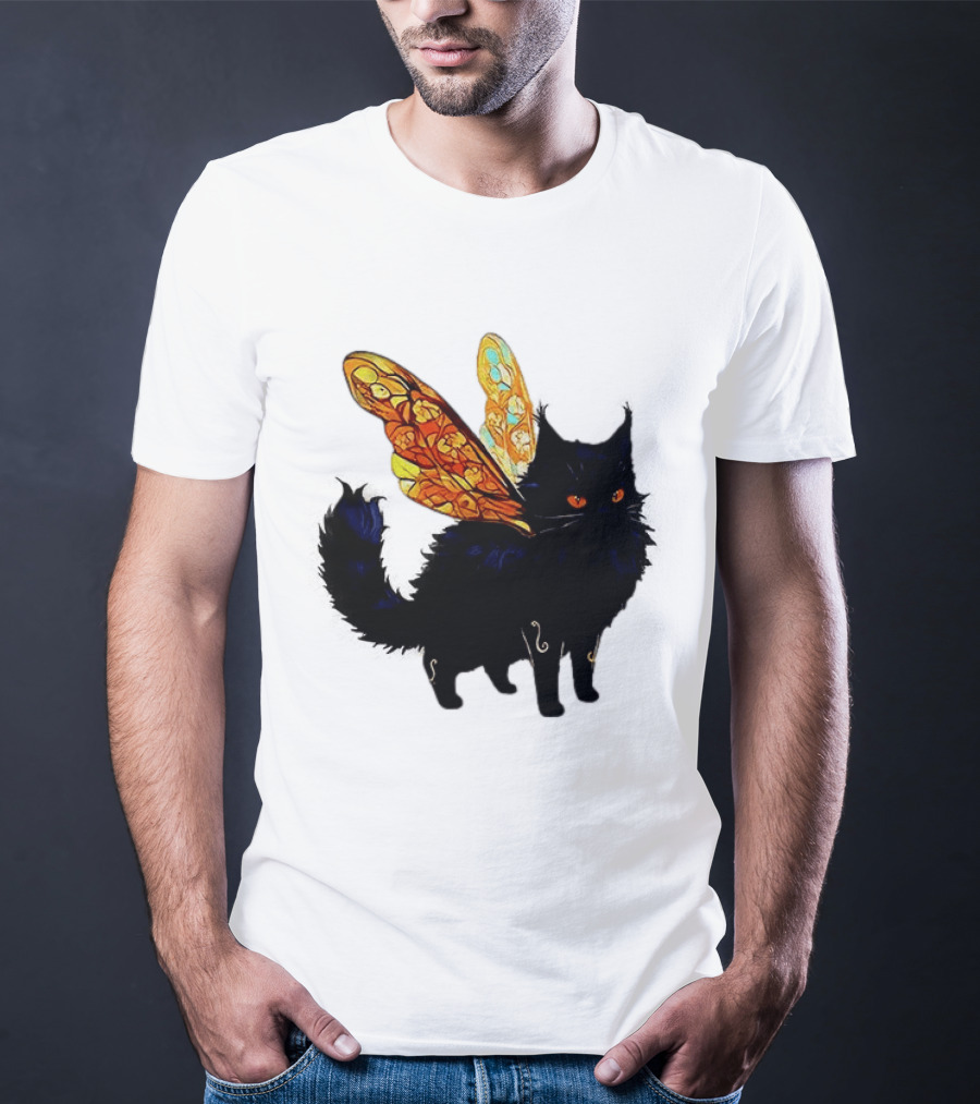 Black Cat With Colorful Fairy Wings Fantastical T-Shirt