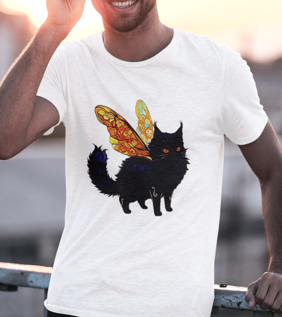 Black Cat With Colorful Fairy Wings Fantastical T-Shirt