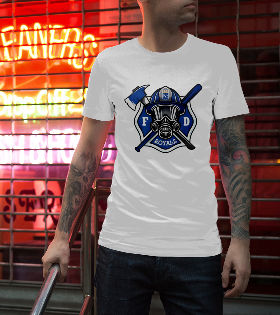 Kansas City Royals Firefighter FD Helmet Gas Mask Axe Bat T-Shirt