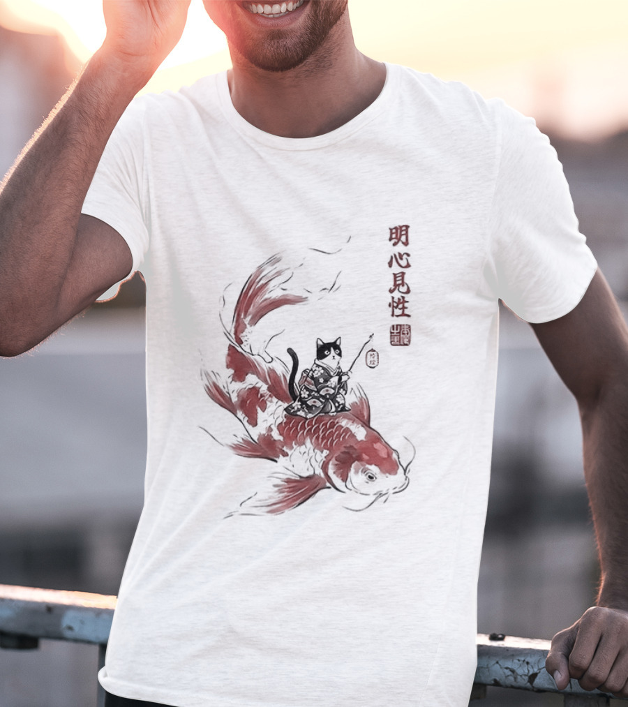 Kimono Cat Riding Koi Fish Classical Japanese T-Shirt