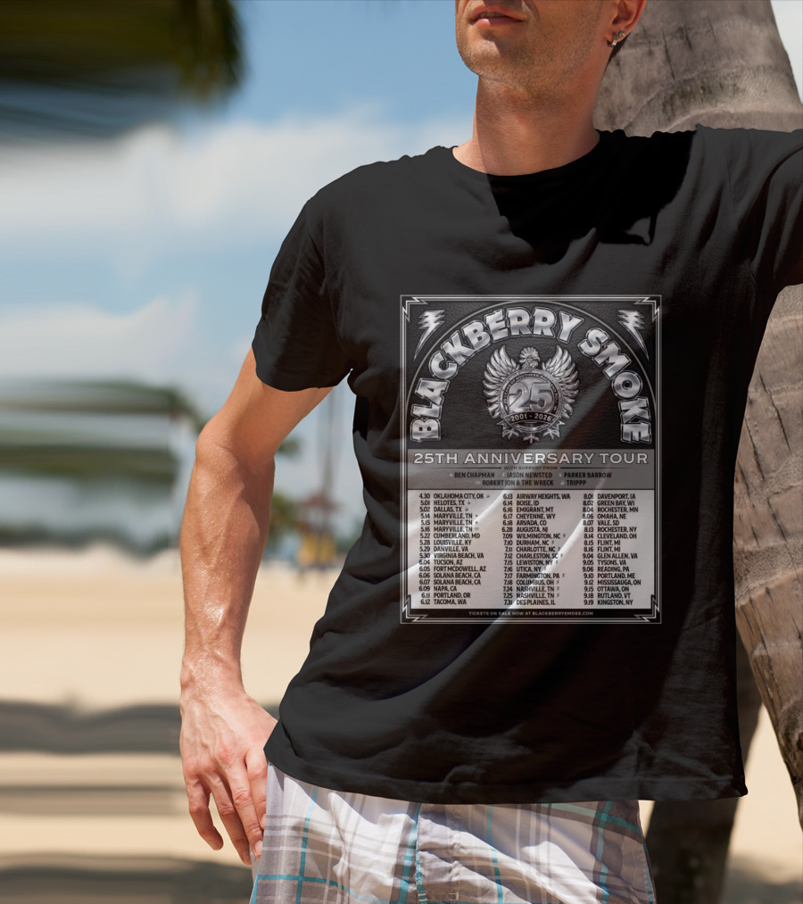 Blackberry Smoke 25th Anniversary Tour 2024 With Ben Chapman And Jason Newsted Featuring Parker Barrow And Robert Jon & The Wreck T-Shirt